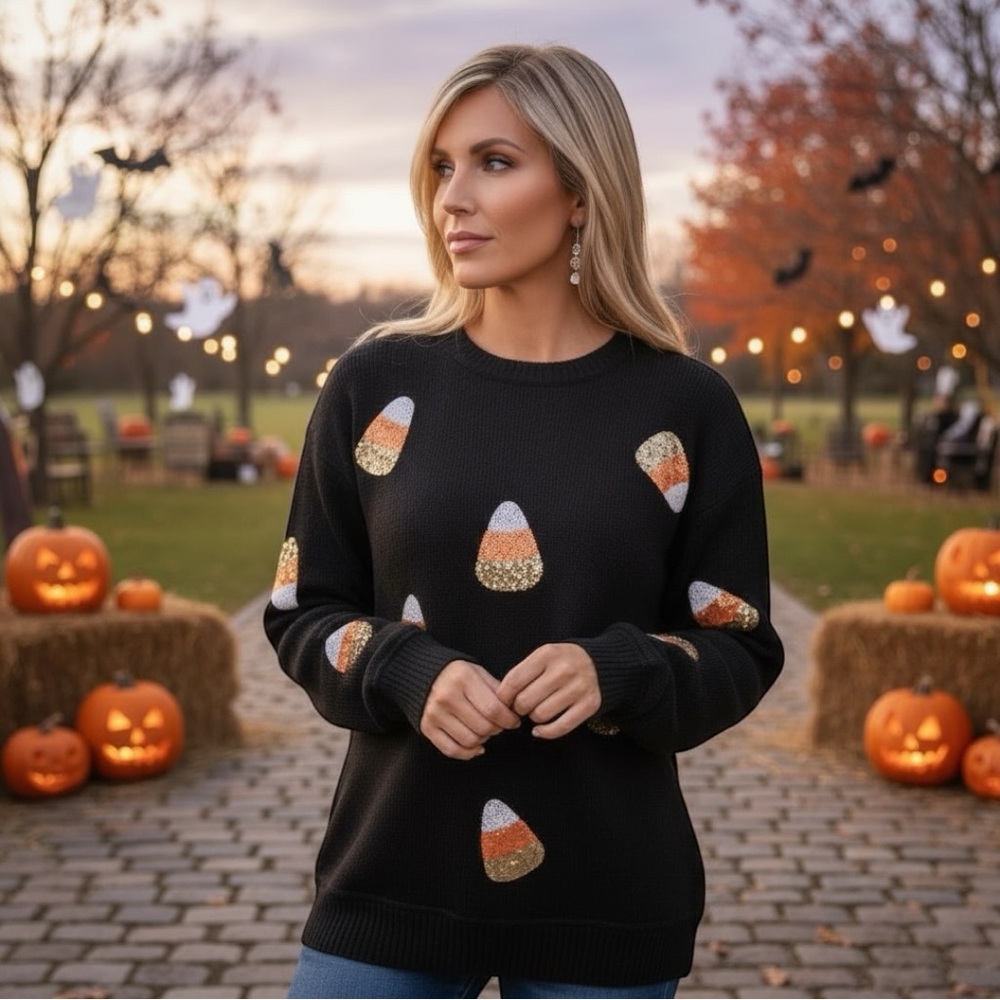POODIT Cutest sequin candy corn oversized pullover S M L XL 2XL